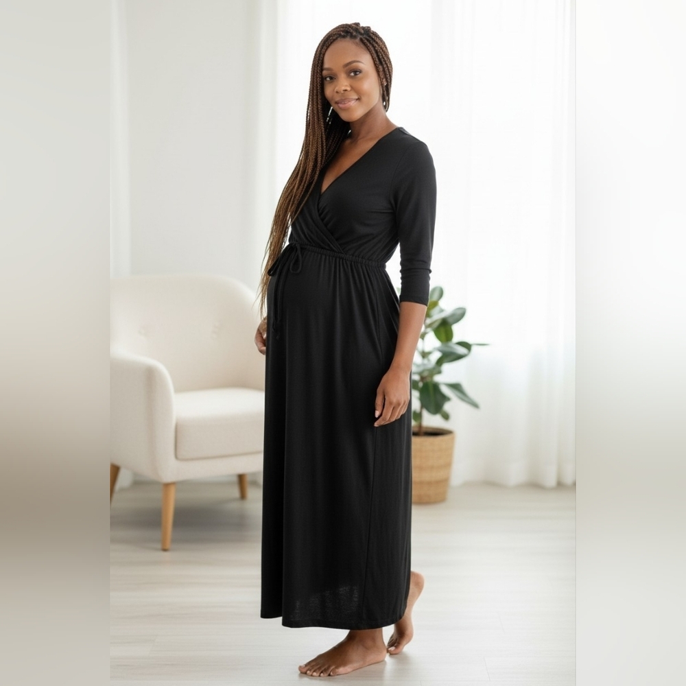 Everly Black Maternity Nursing Maxi Dress | Faux Wrap Jersey Knit Medium Comfy